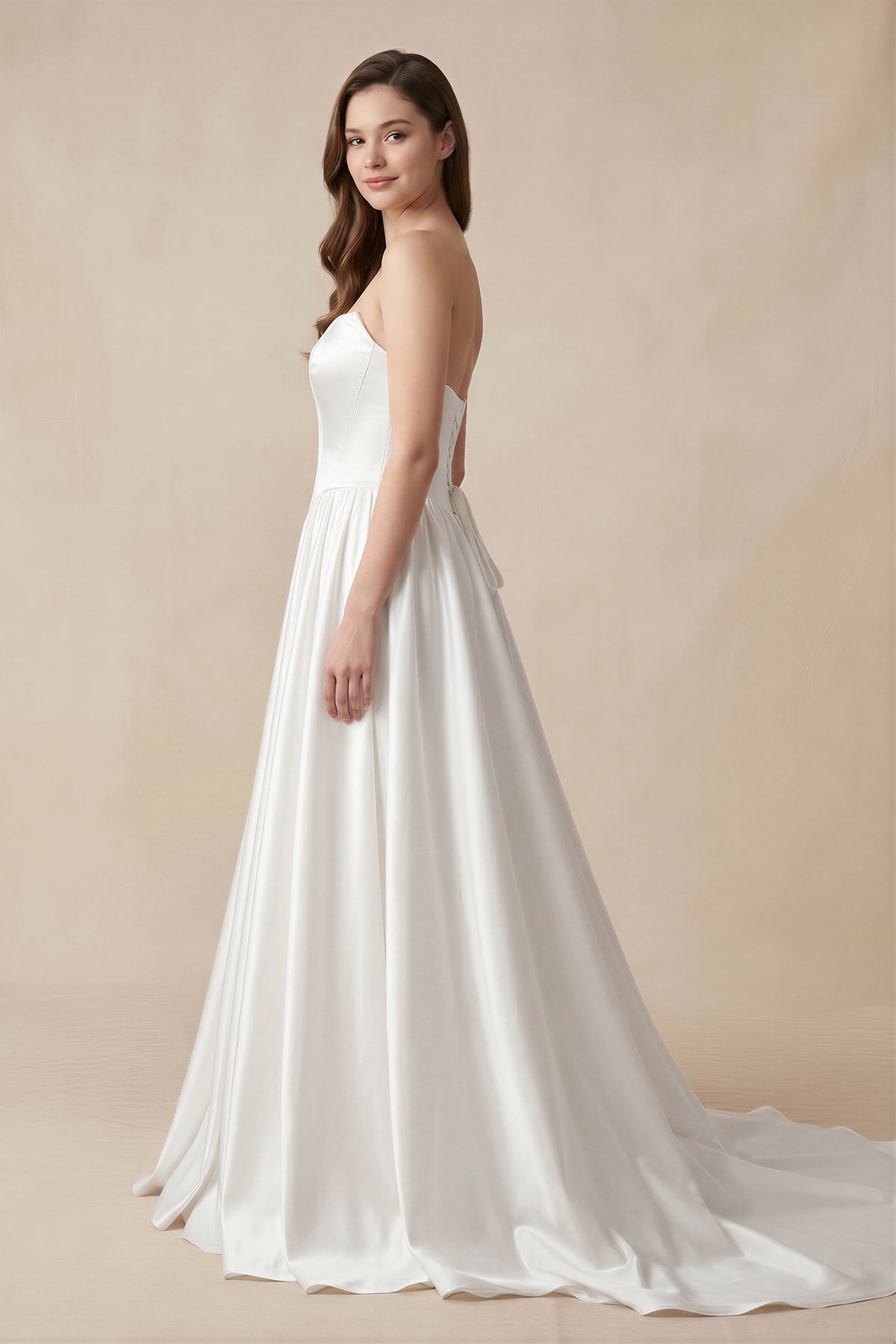 Diamond White Satin A-Line Wedding Dress with Strapless Neckline and Lace Up