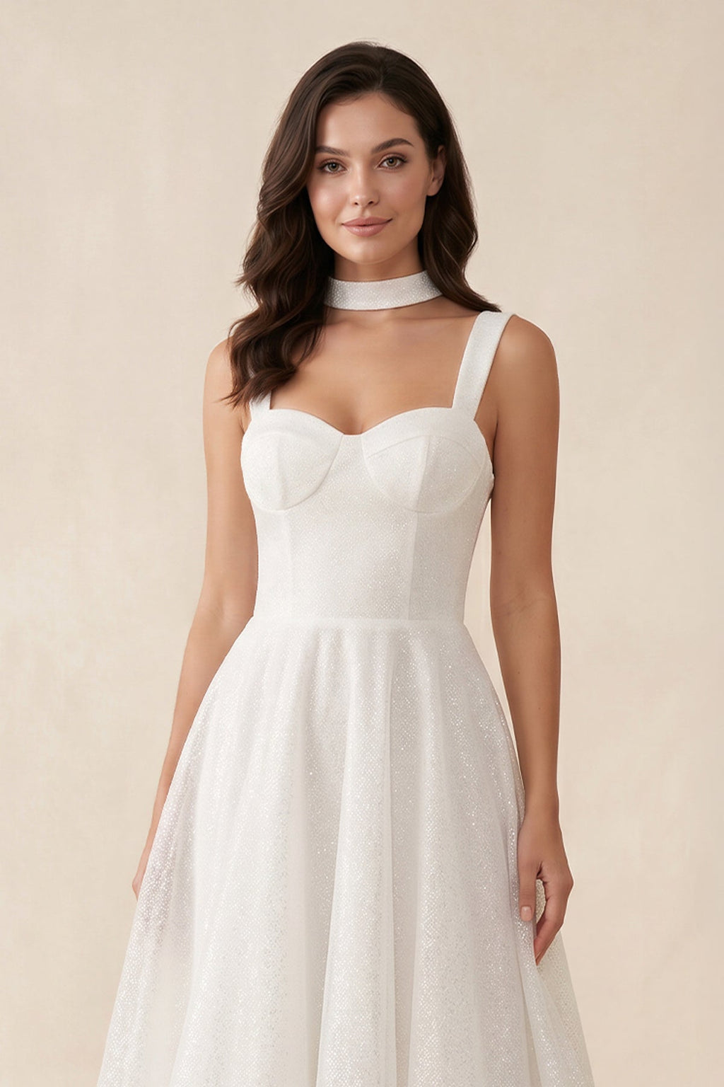 Diamond White Tulle A-Line Wedding Dress with Sweetheart Neckline and Sequins