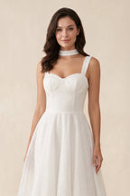 Diamond White Tulle A-Line Wedding Dress with Sweetheart Neckline and Sequins