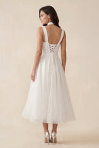 Diamond White Tulle A-Line Wedding Dress with Sweetheart Neckline and Sequins