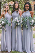Dusty Blue Chiffon Bridesmaid Dress with One Shoulder Neckline and Pleated Detail