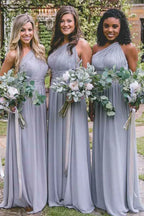 Dusty Blue Chiffon Bridesmaid Dress with One Shoulder Neckline and Pleated Detail