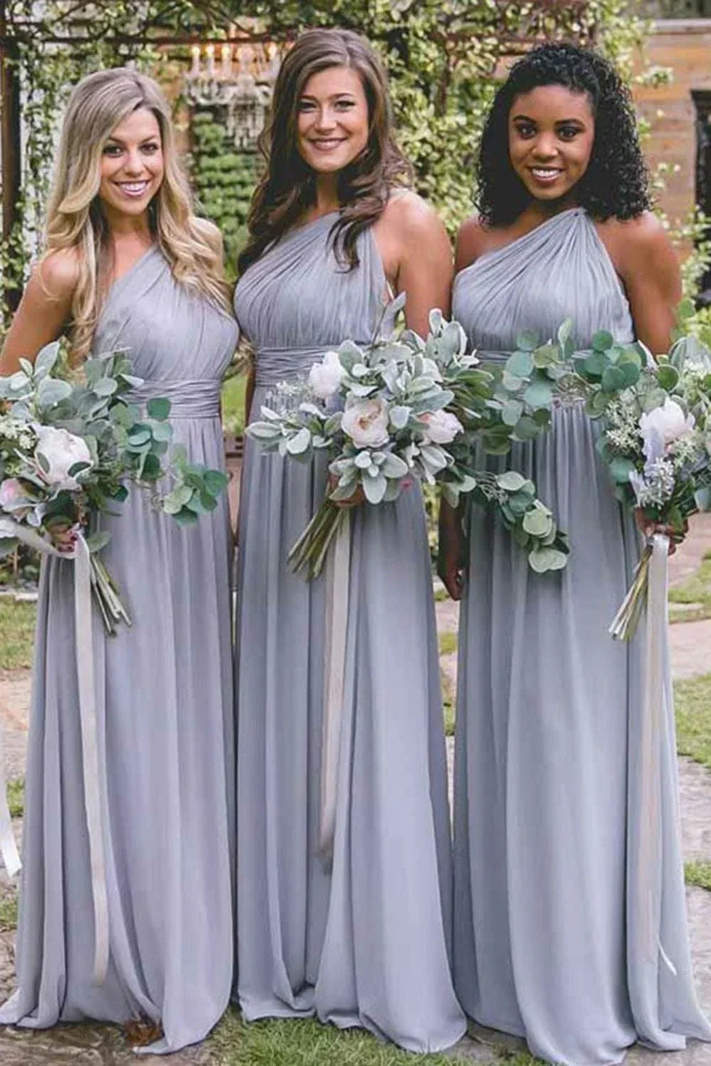 Dusty Blue Chiffon Bridesmaid Dress with One Shoulder Neckline and Pleated Detail