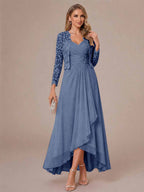 Oceane steel blue front view mother of the bride dress