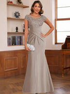 Genevieve Lark Taupe front view mother of the bride dress