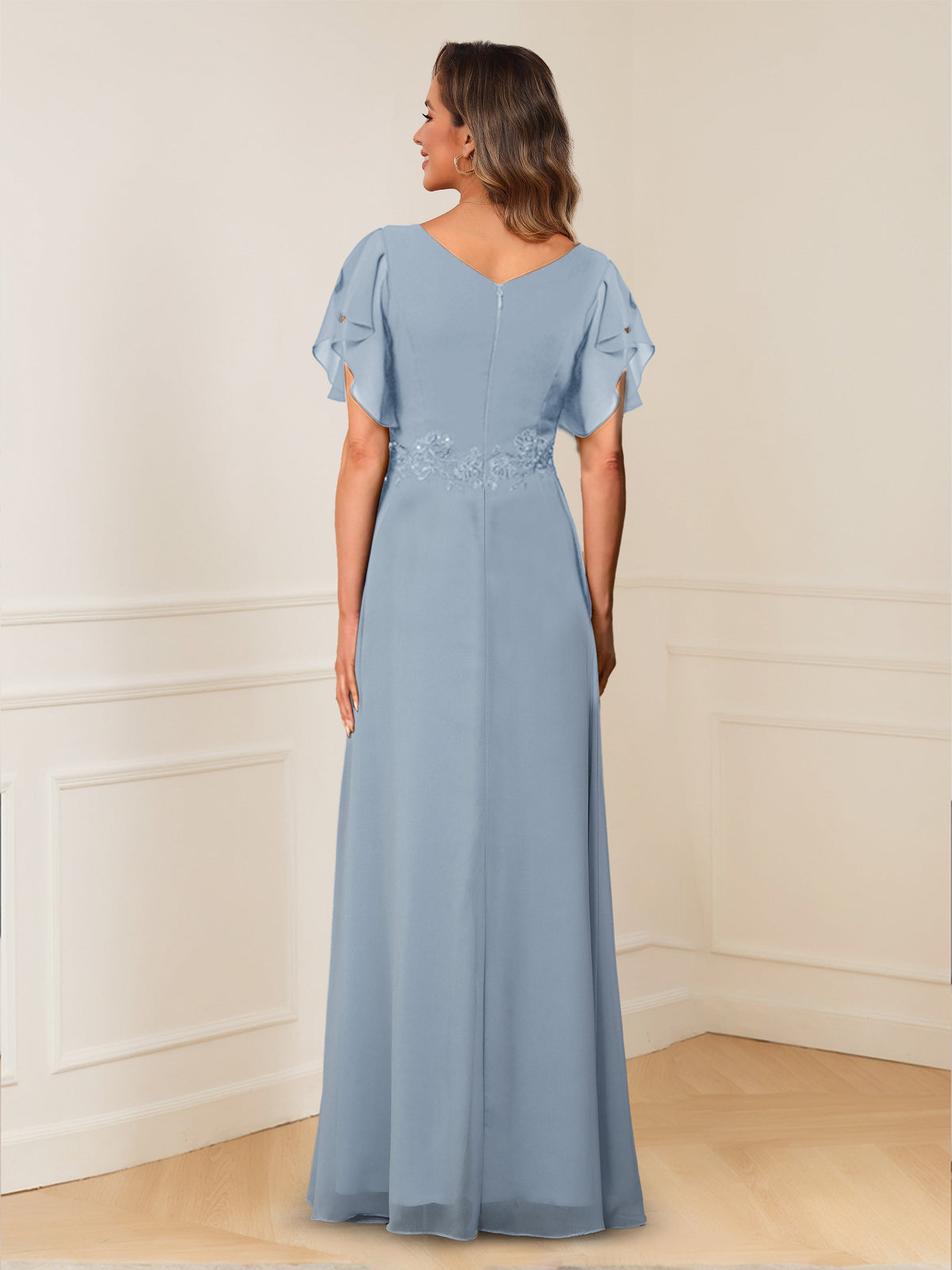 Celestine Hope Dusty Blue back view mother of the bride dress