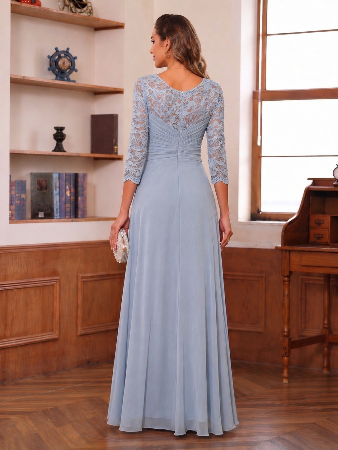 Rosalind Pearl Dusty Blue back view mother of the bride dress