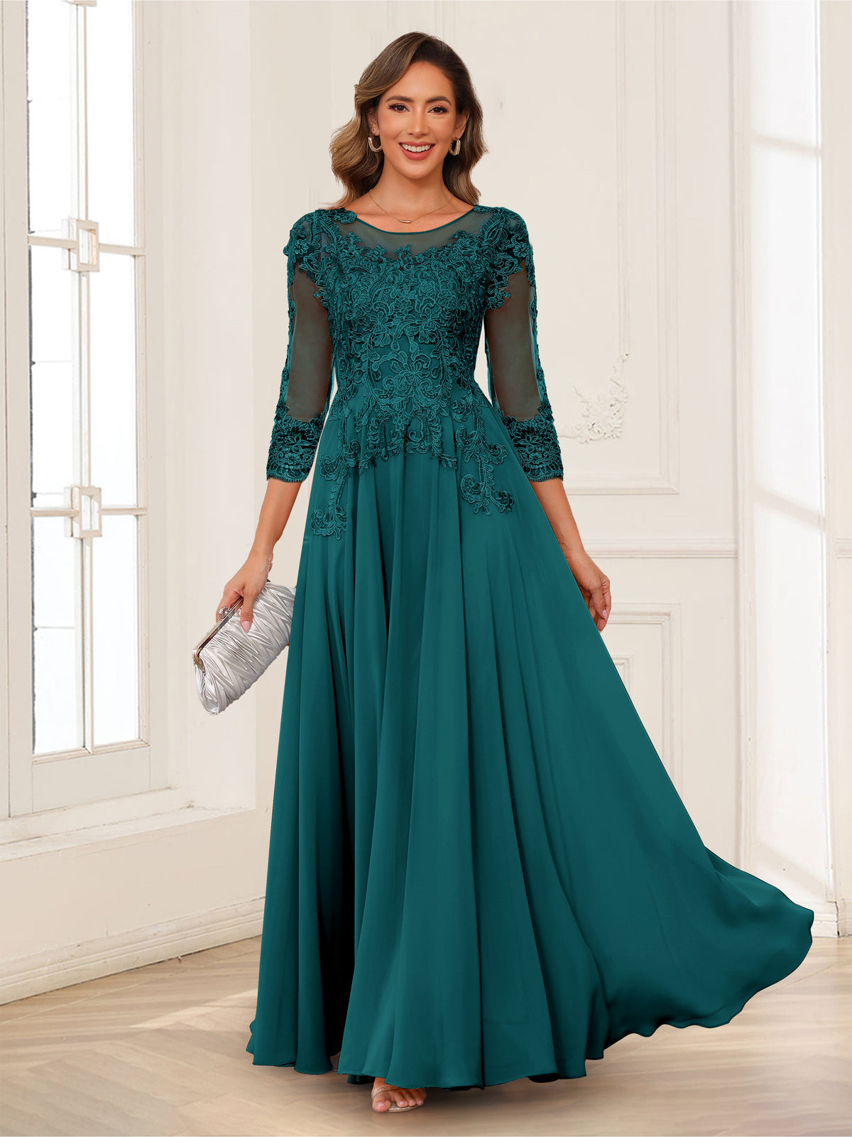 Dorothea June Peacock front view mother of the bride dress