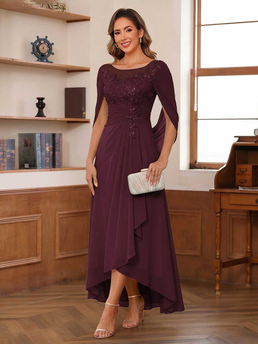 Camille burgundy front view mother of the bride dress
