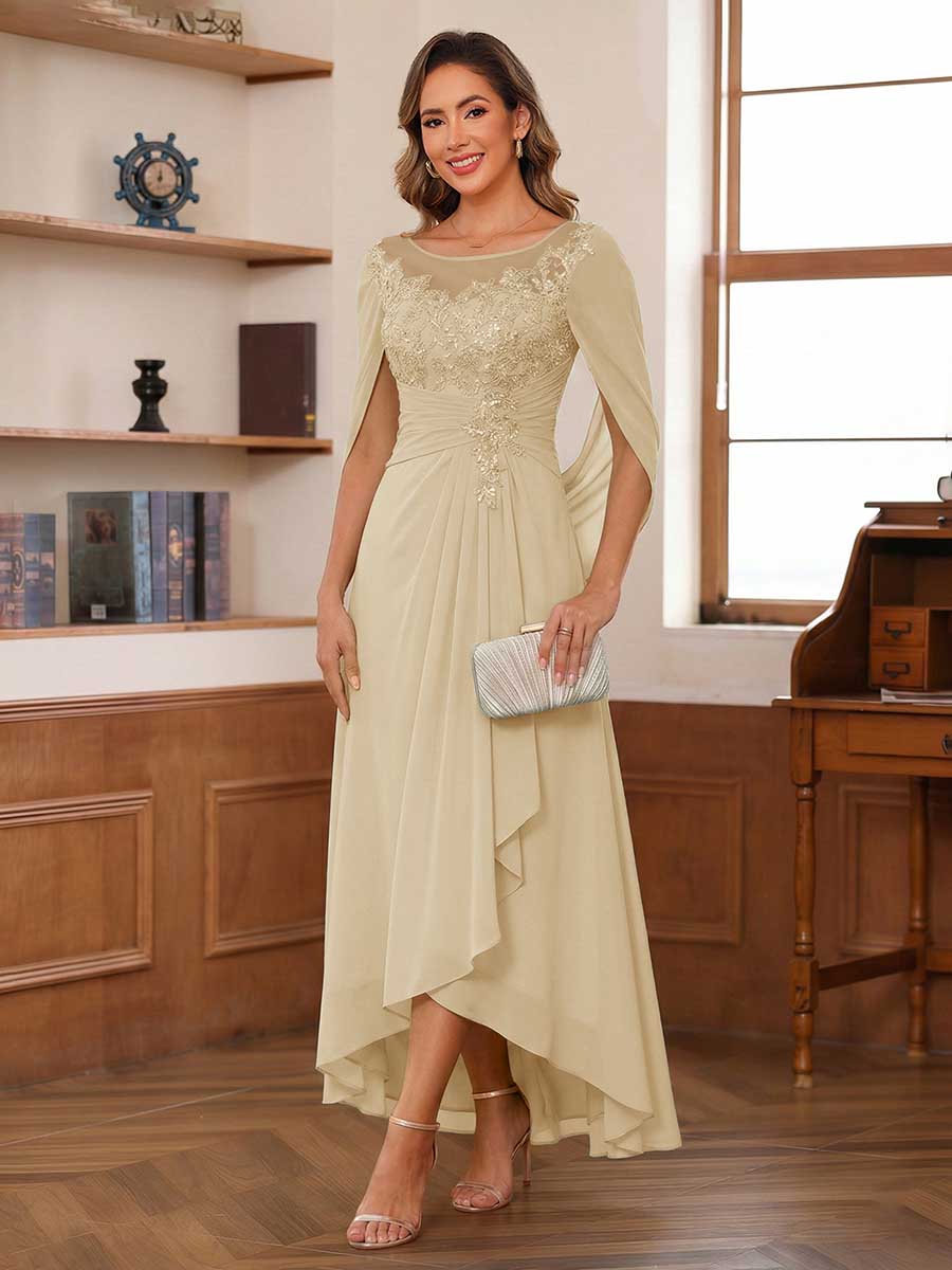 Camille champagne front view mother of the bride dress