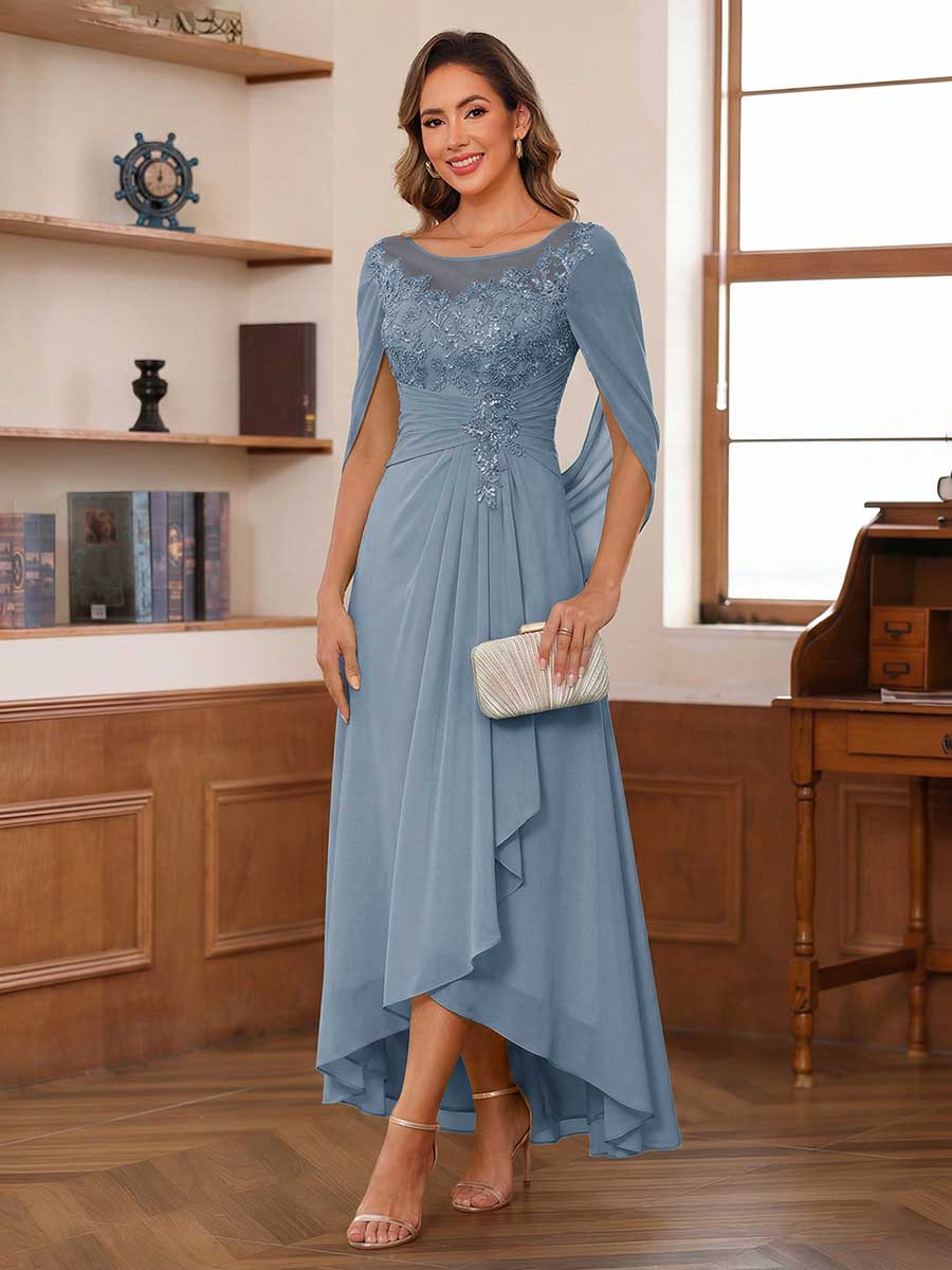 Camille dusty blue front view mother of the bride dress