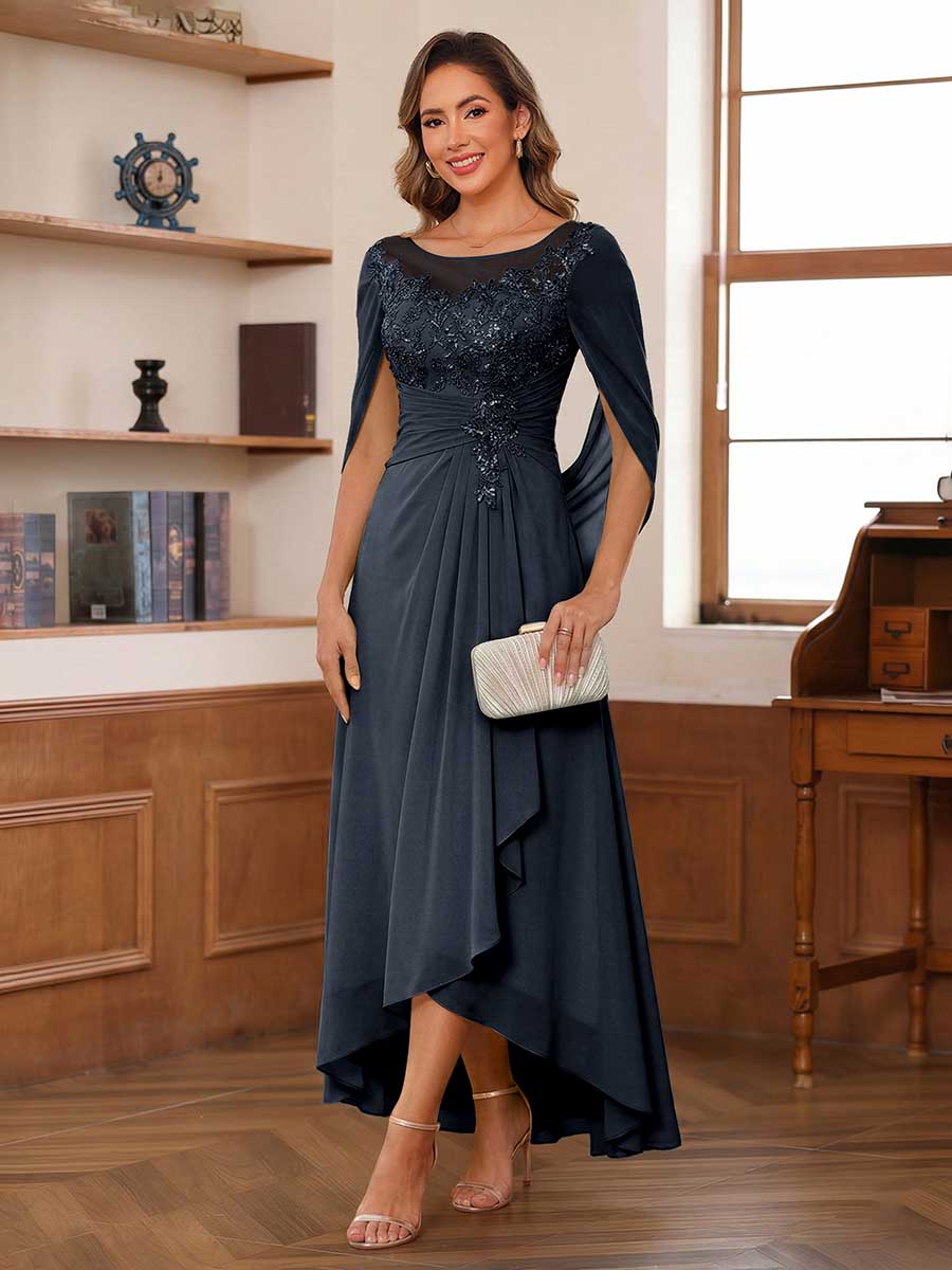 Camille navy blue front view mother of the bride dress
