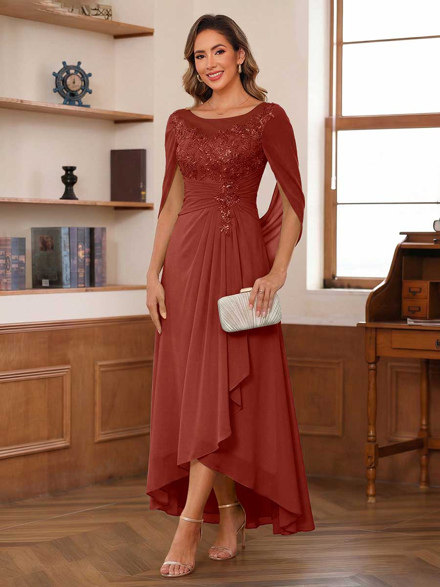 Camille rust front view mother of the bride dress