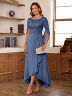 Camille steel blue front view mother of the bride dress