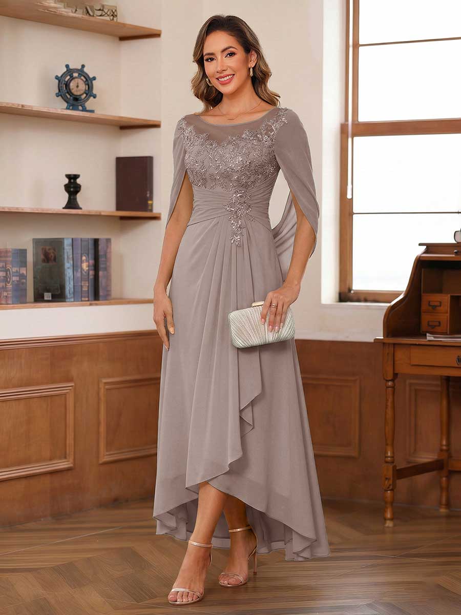 Camille taupe front view mother of the bride dress