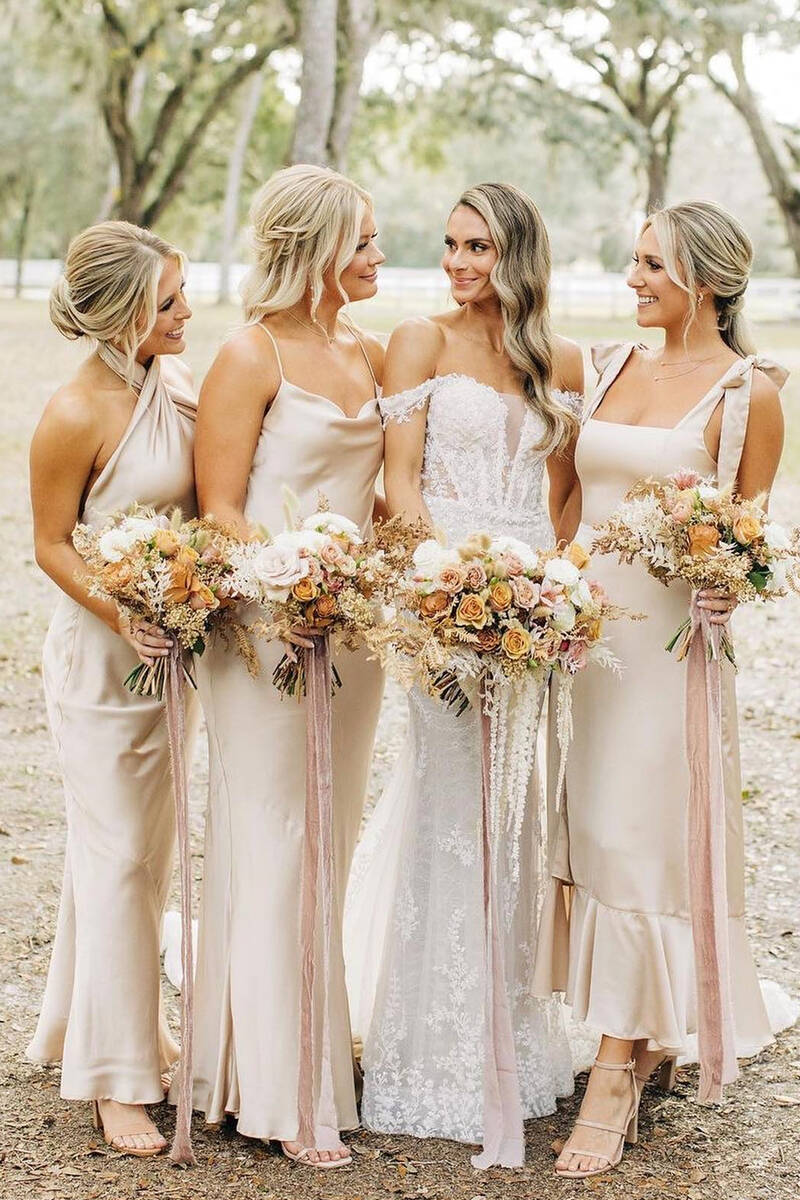 Champagne Satin Sheath Bridesmaid Dress with Square Neck Neckline