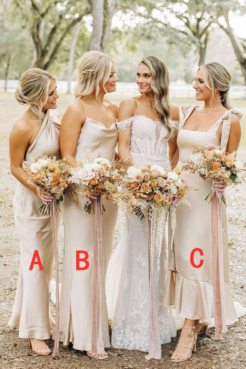 Champagne Satin Sheath Bridesmaid Dress with Square Neck Neckline