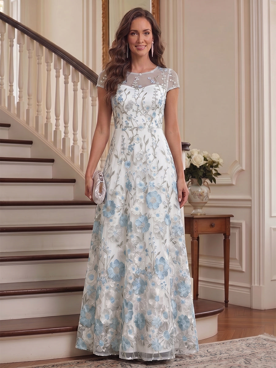 Demetria Rose Sky Blue front view mother of the bride dress