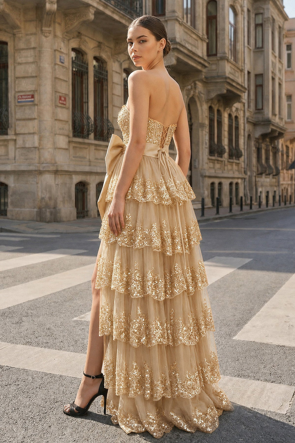 Sweetheart Light Blue Lace Appliques Ruffle Long Formal Gown