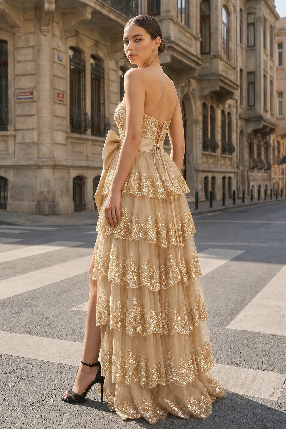 Sweetheart Light Blue Lace Appliques Ruffle Long Formal Gown