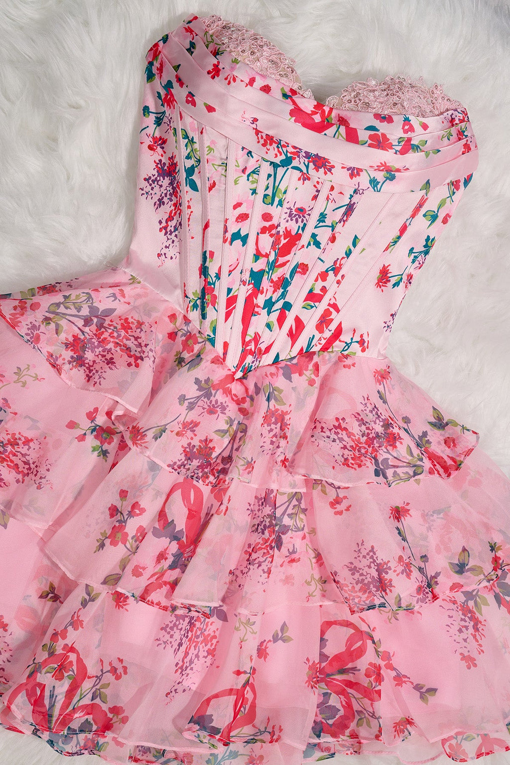 Sky Blue A Line Sweetheart Floral Chiffon Corset Ruffled Homecoming Dresses