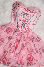 Sky Blue A Line Sweetheart Floral Chiffon Corset Ruffled Homecoming Dresses