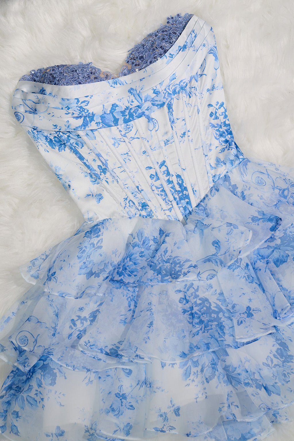 Sky Blue A Line Sweetheart Floral Chiffon Corset Ruffled Homecoming Dresses