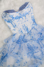 Sky Blue A Line Sweetheart Floral Chiffon Corset Ruffled Homecoming Dresses