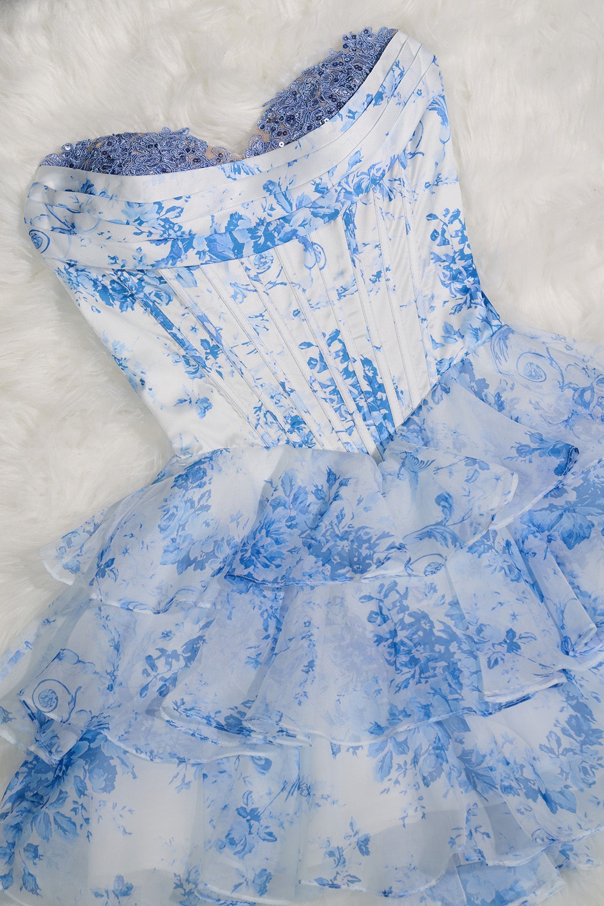 Sky Blue A Line Sweetheart Floral Chiffon Corset Ruffled Homecoming Dresses