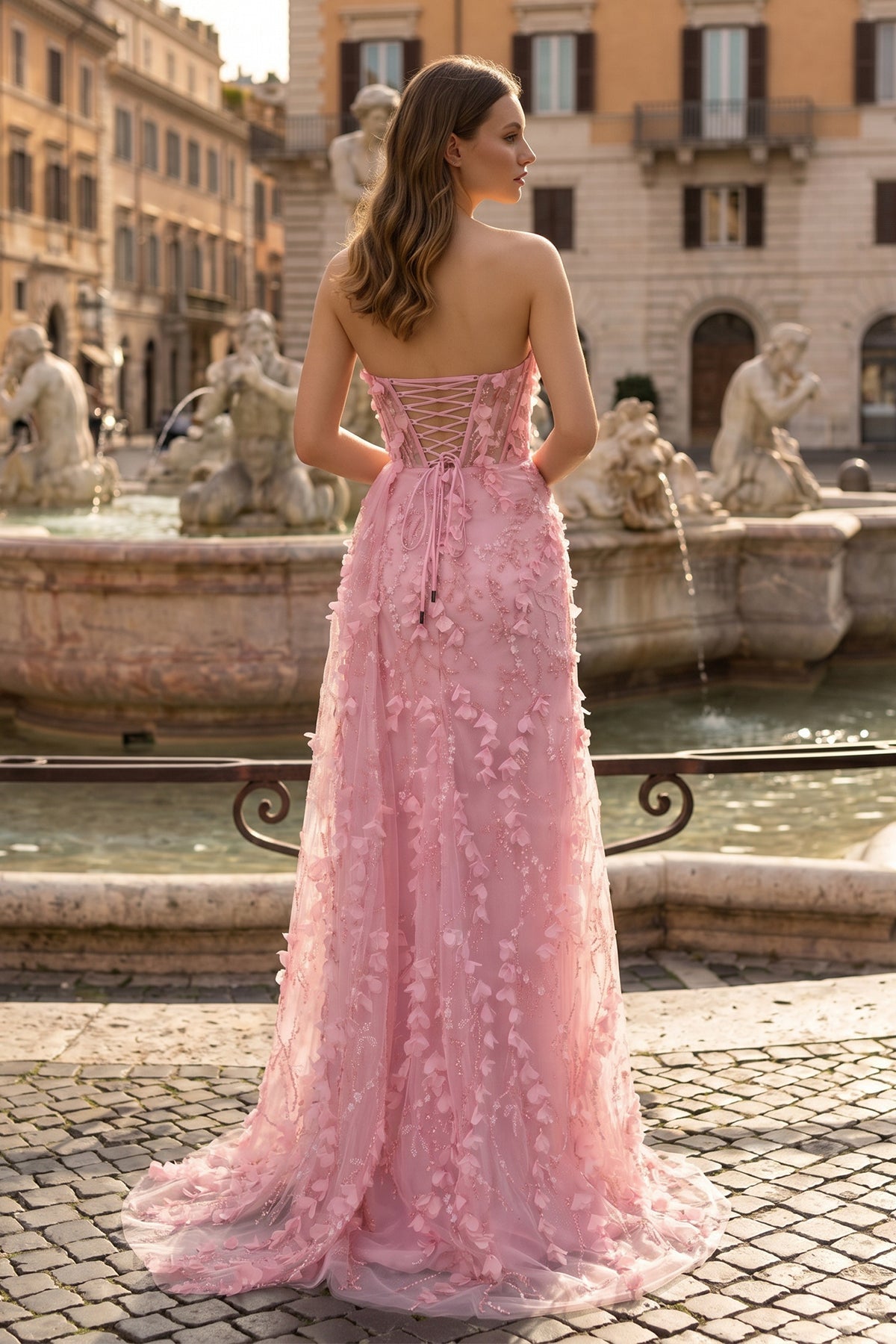 Xenia Laurel Rose Pink back view prom dress