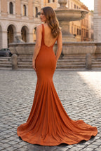 Navy Blue Satin Mermaid Evening Dress with V-Neck Neckline and Beading