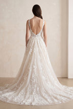 White Tulle A-Line Wedding Dress with V-Neck Neckline and Sweep Train