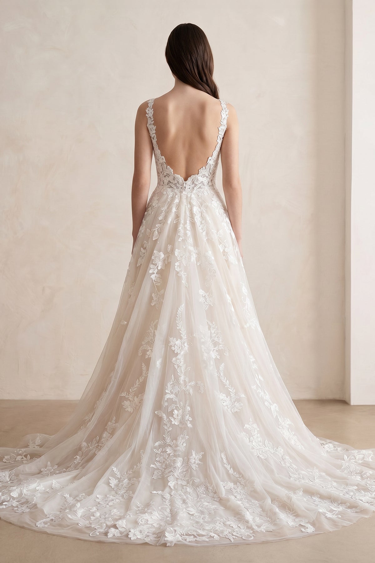 White Tulle A-Line Wedding Dress with V-Neck Neckline and Sweep Train