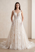 White Tulle A-Line Wedding Dress with V-Neck Neckline and Sweep Train