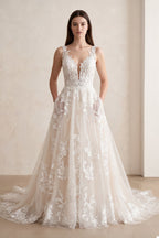 White Tulle A-Line Wedding Dress with V-Neck Neckline and Sweep Train