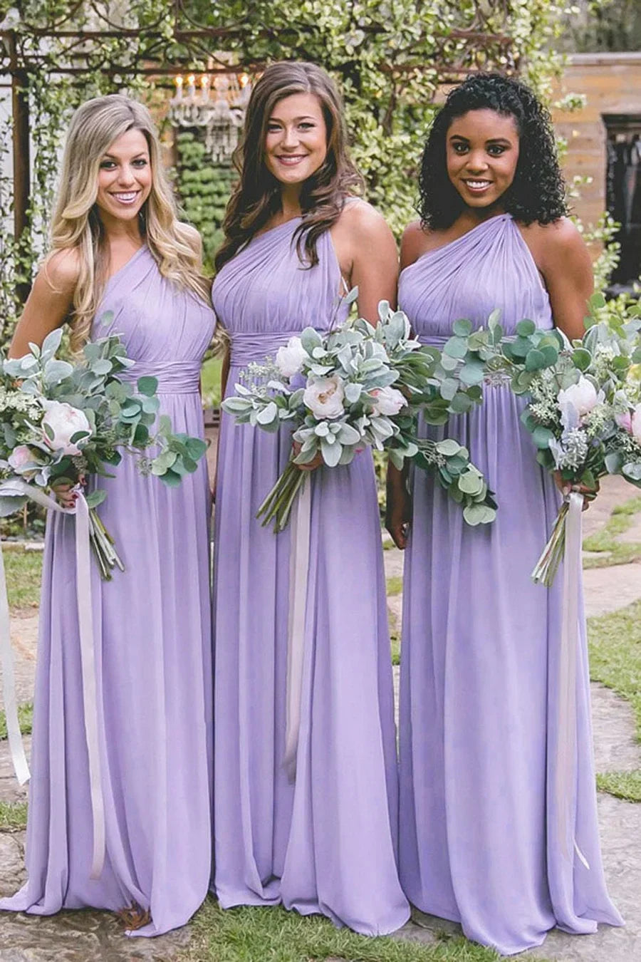 Dusty Blue Chiffon Bridesmaid Dress with One Shoulder Neckline and Pleated Detail