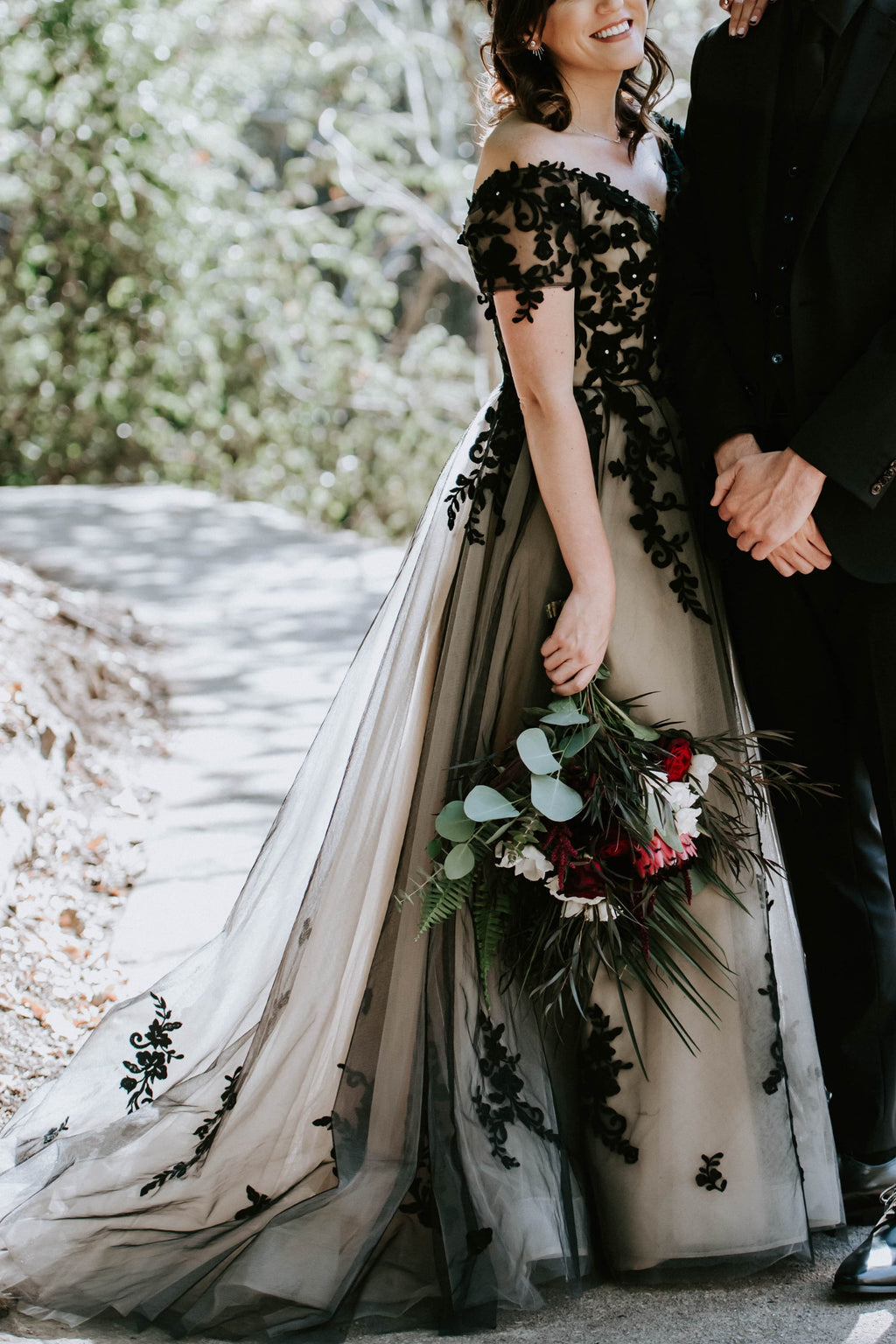 Elegant A Line Sweep Brush Train Tulle Gothic Wedding Dress Wedding Dress