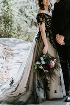 Elegant A Line Sweep Brush Train Tulle Gothic Wedding Dress Wedding Dress