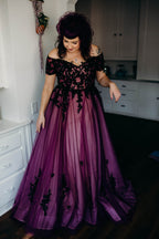 Elegant A Line Sweep Brush Train Tulle Gothic Wedding Dress Wedding Dress