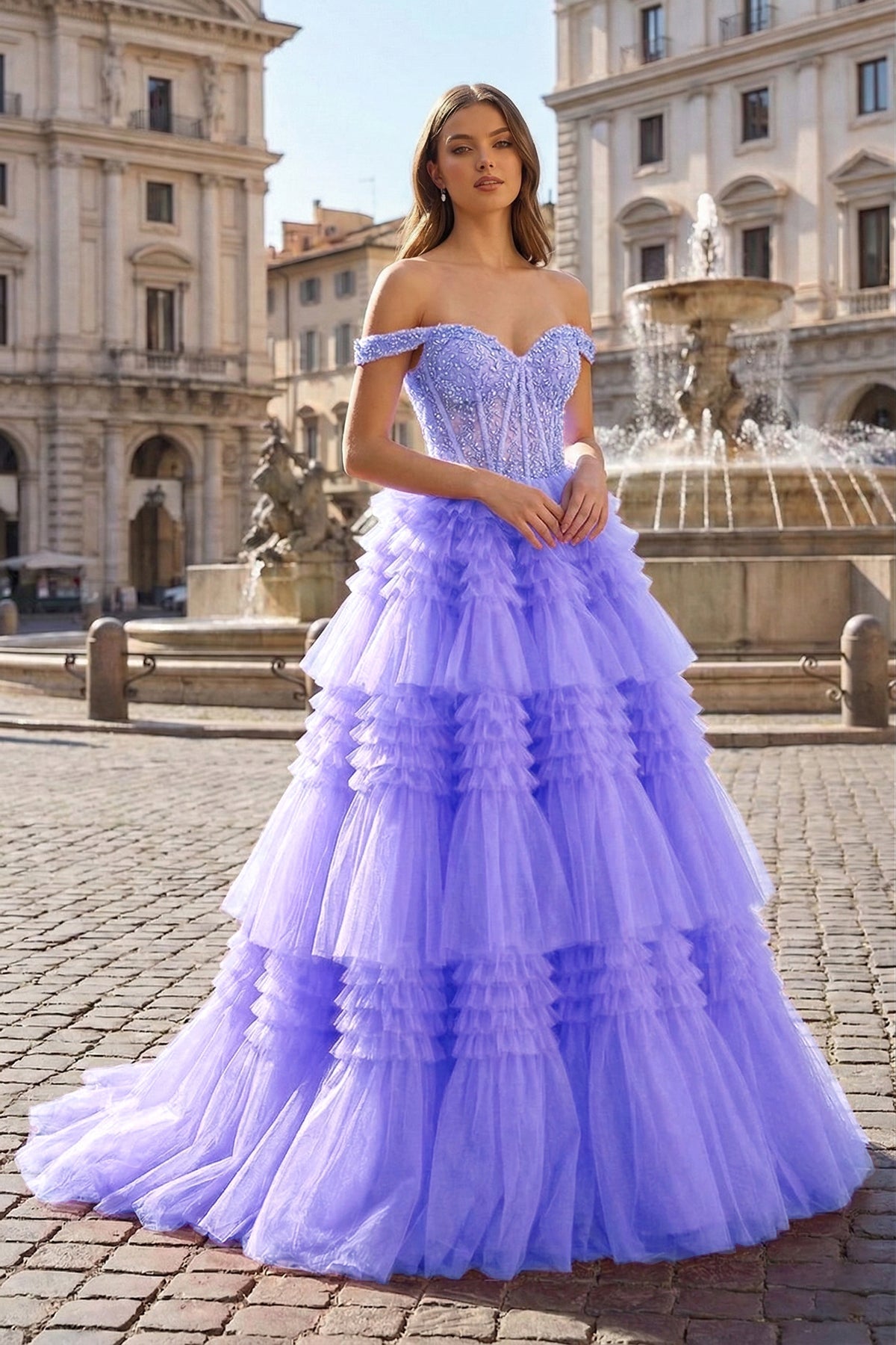 Aurelia Wren Lilac front view prom dress