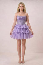 Black Strapless A Line Chiffon Beaded Mini Homecoming Dresses With Ruffles