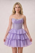 Black Strapless A Line Chiffon Beaded Mini Homecoming Dresses With Ruffles