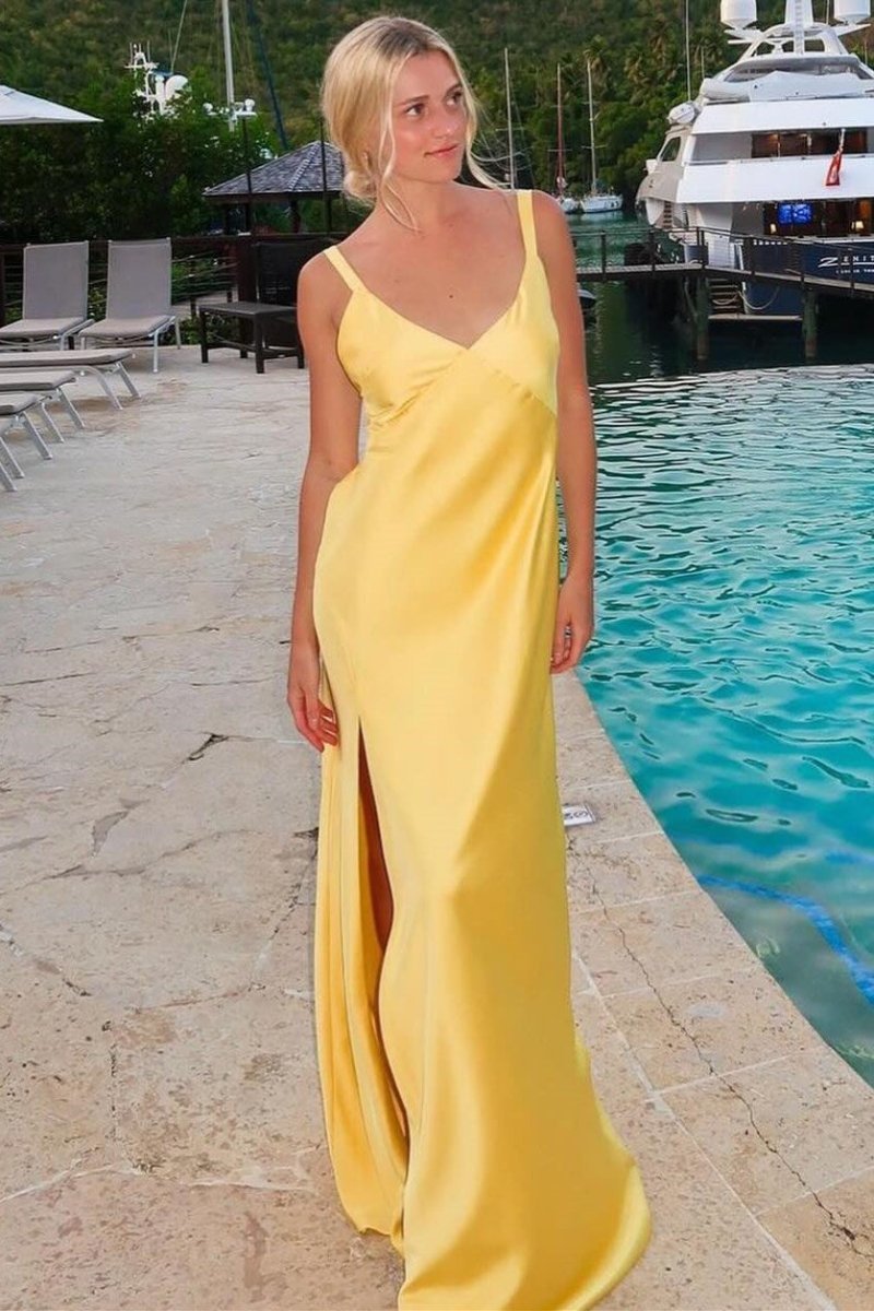 Yellow Satin Sheath Bridesmaid Dress with V-Neck Neckline and Slit