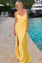 Yellow Satin Sheath Bridesmaid Dress with V-Neck Neckline and Slit