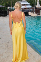 Yellow Satin Sheath Bridesmaid Dress with V-Neck Neckline and Slit