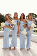 Sky Blue Satin Sheath Bridesmaid Dress with Off The Shoulder Neckline and Pleated Detail