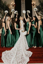 Hunter Green Satin Mermaid Bridesmaid Dress with Halter Neckline and Pleated Detail