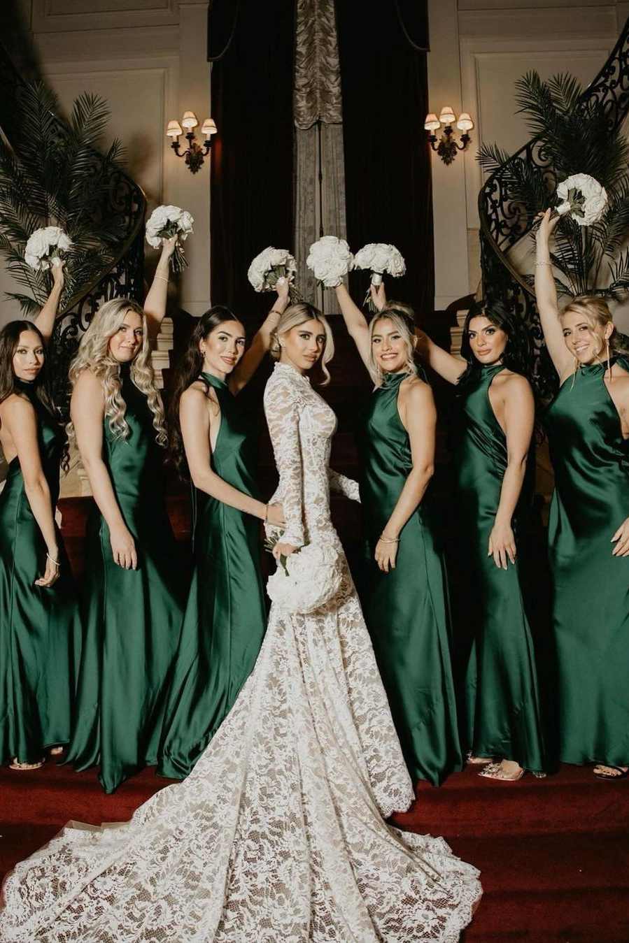 Hunter Green Satin Mermaid Bridesmaid Dress with Halter Neckline and Pleated Detail