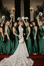 Hunter Green Satin Mermaid Bridesmaid Dress with Halter Neckline and Pleated Detail