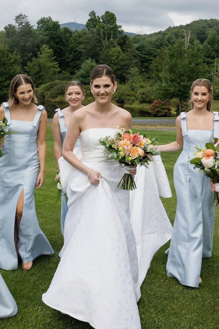 Sky Blue Satin Mermaid Bridesmaid Dress with Square Neck Neckline and Pleated Detail